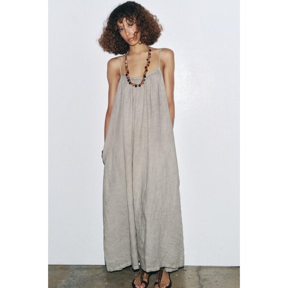NWT ZARA ZW Collection 100% Linen Strappy Maxi Dress Gray Large L 4043/064/802 - Picture 1 of 11